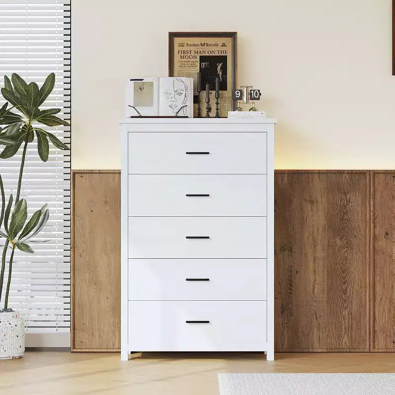 Commode 5 tiroirs de style campagnard rétro, assemblage facile par clip, tiroirs coulissants fluides, rangement sécurisé pour chambre à coucher