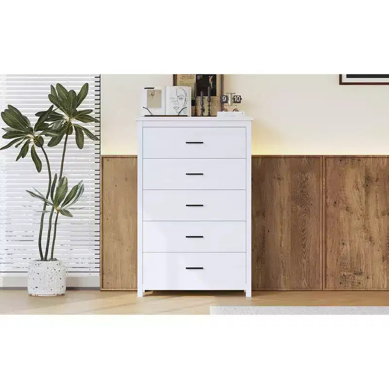 Commode 5 tiroirs de style campagnard rétro, assemblage facile par clip, tiroirs coulissants fluides, rangement sécurisé pour chambre à coucher
