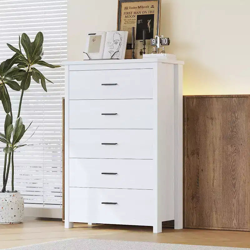 Commode 5 tiroirs de style campagnard rétro, assemblage facile par clip, tiroirs coulissants fluides, rangement sécurisé pour chambre à coucher