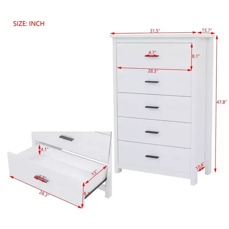 Commode 5 tiroirs de style campagnard rétro, assemblage facile par clip, tiroirs coulissants fluides, rangement sécurisé pour chambre à coucher