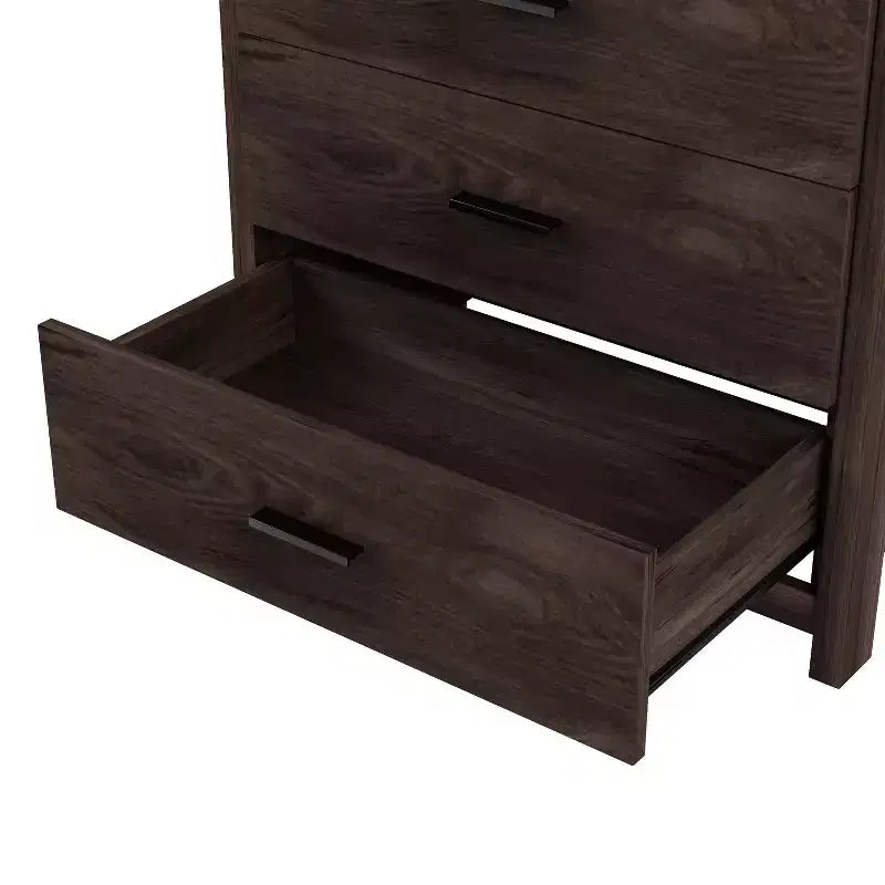 Commode 5 tiroirs de style campagnard rétro, assemblage facile par clip, tiroirs coulissants fluides, rangement sécurisé pour chambre à coucher