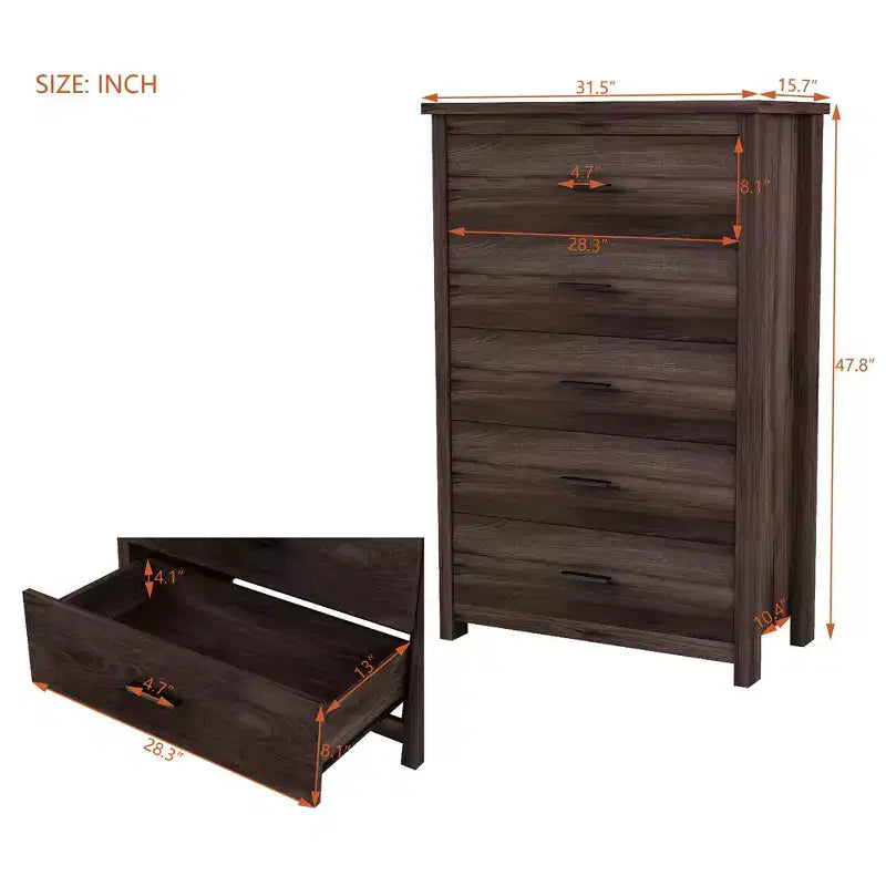 Commode 5 tiroirs de style campagnard rétro, assemblage facile par clip, tiroirs coulissants fluides, rangement sécurisé pour chambre à coucher