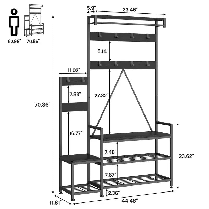 Porte-manteau Banc à Chaussures Parent-Enfant Arbre d'Entrée Industriel avec Banc et Rangement de Chaussures, Grand Organisateur d'Entrée avec Porte-Chaussures, Casiers de Rangement