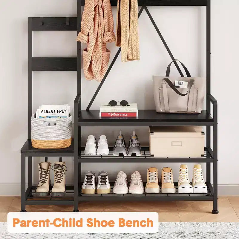 Porte-manteau Banc à Chaussures Parent-Enfant Arbre d'Entrée Industriel avec Banc et Rangement de Chaussures, Grand Organisateur d'Entrée avec Porte-Chaussures, Casiers de Rangement
