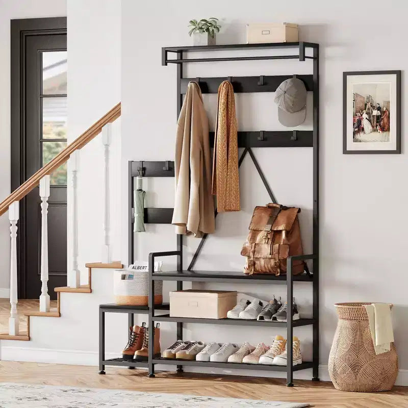 Porte-manteau Banc à Chaussures Parent-Enfant Arbre d'Entrée Industriel avec Banc et Rangement de Chaussures, Grand Organisateur d'Entrée avec Porte-Chaussures, Casiers de Rangement