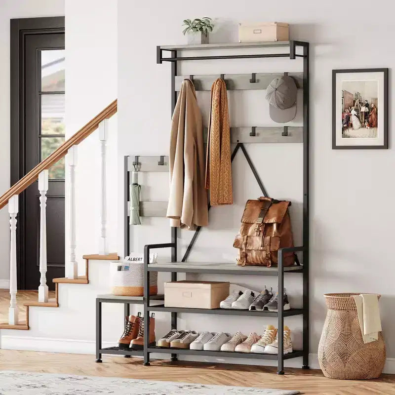 Porte-manteau Banc à Chaussures Parent-Enfant Arbre d'Entrée Industriel avec Banc et Rangement de Chaussures, Grand Organisateur d'Entrée avec Porte-Chaussures, Casiers de Rangement