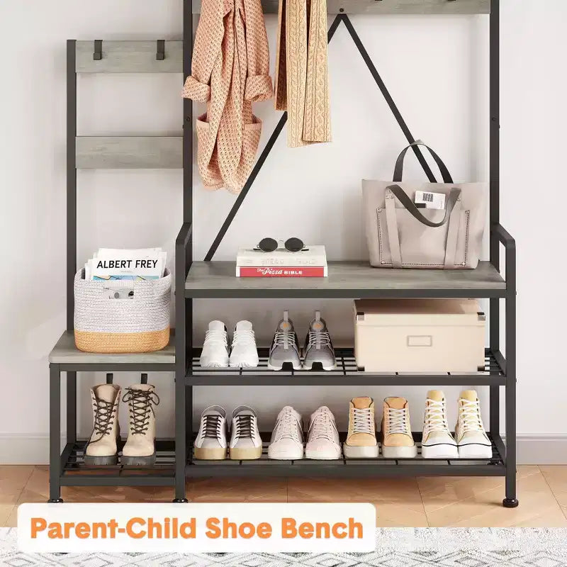 Porte-manteau Banc à Chaussures Parent-Enfant Arbre d'Entrée Industriel avec Banc et Rangement de Chaussures, Grand Organisateur d'Entrée avec Porte-Chaussures, Casiers de Rangement