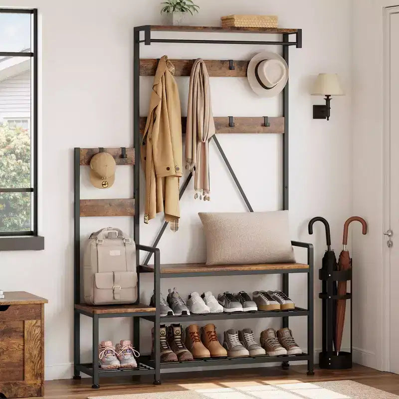 Porte-manteau Banc à Chaussures Parent-Enfant Arbre d'Entrée Industriel avec Banc et Rangement de Chaussures, Grand Organisateur d'Entrée avec Porte-Chaussures, Casiers de Rangement