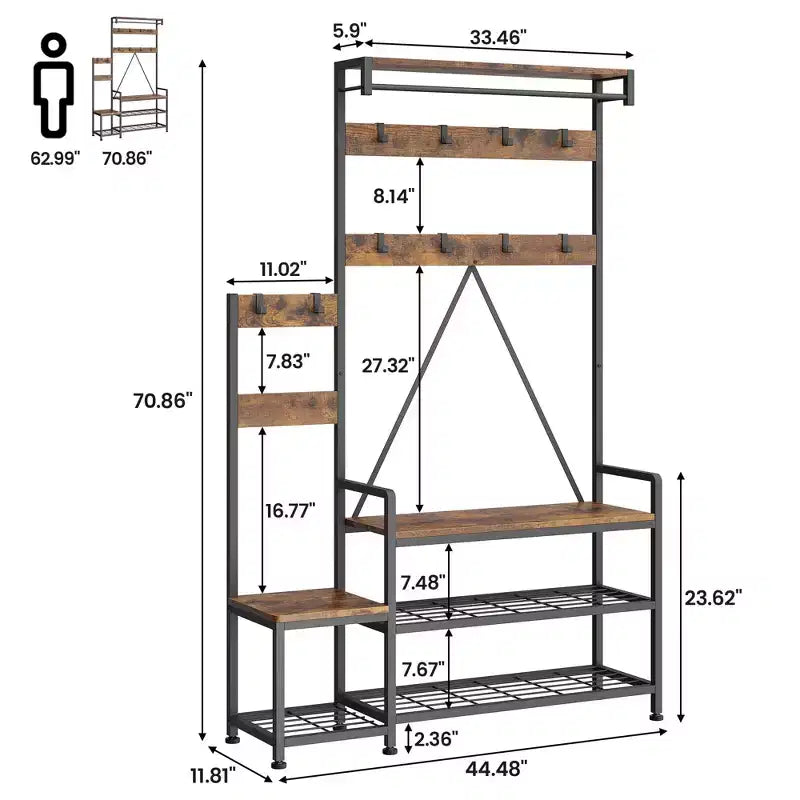 Porte-manteau Banc à Chaussures Parent-Enfant Arbre d'Entrée Industriel avec Banc et Rangement de Chaussures, Grand Organisateur d'Entrée avec Porte-Chaussures, Casiers de Rangement