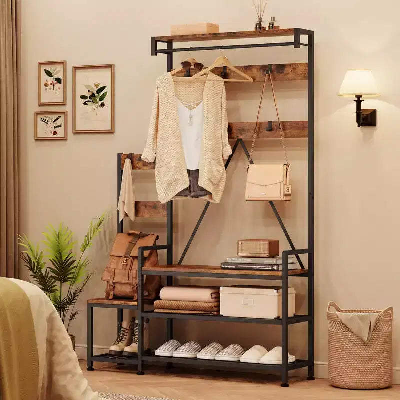 Porte-manteau Banc à Chaussures Parent-Enfant Arbre d'Entrée Industriel avec Banc et Rangement de Chaussures, Grand Organisateur d'Entrée avec Porte-Chaussures, Casiers de Rangement