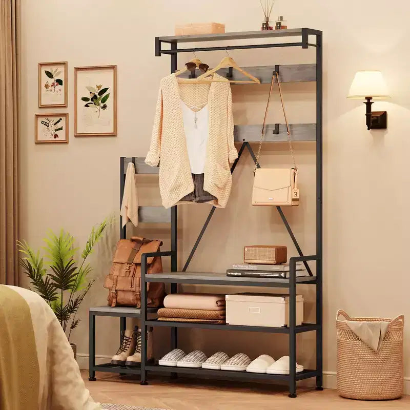 Porte-manteau Banc à Chaussures Parent-Enfant Arbre d'Entrée Industriel avec Banc et Rangement de Chaussures, Grand Organisateur d'Entrée avec Porte-Chaussures, Casiers de Rangement
