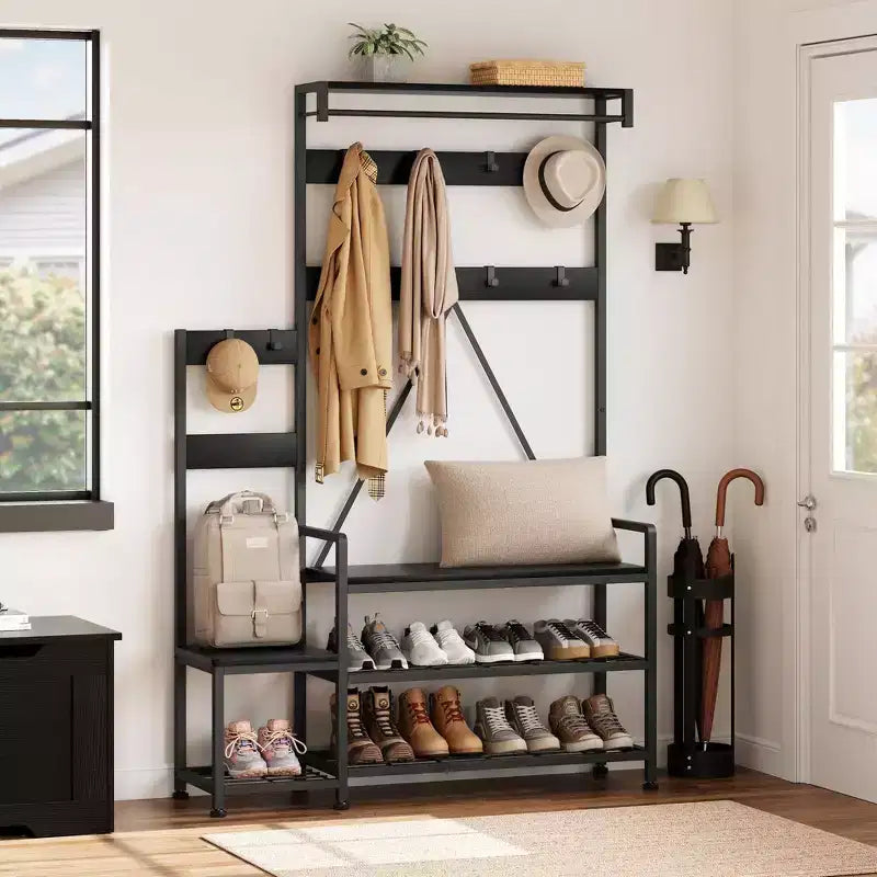 Porte-manteau Banc à Chaussures Parent-Enfant Arbre d'Entrée Industriel avec Banc et Rangement de Chaussures, Grand Organisateur d'Entrée avec Porte-Chaussures, Casiers de Rangement