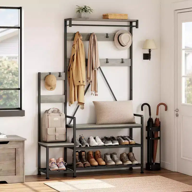 Porte-manteau Banc à Chaussures Parent-Enfant Arbre d'Entrée Industriel avec Banc et Rangement de Chaussures, Grand Organisateur d'Entrée avec Porte-Chaussures, Casiers de Rangement