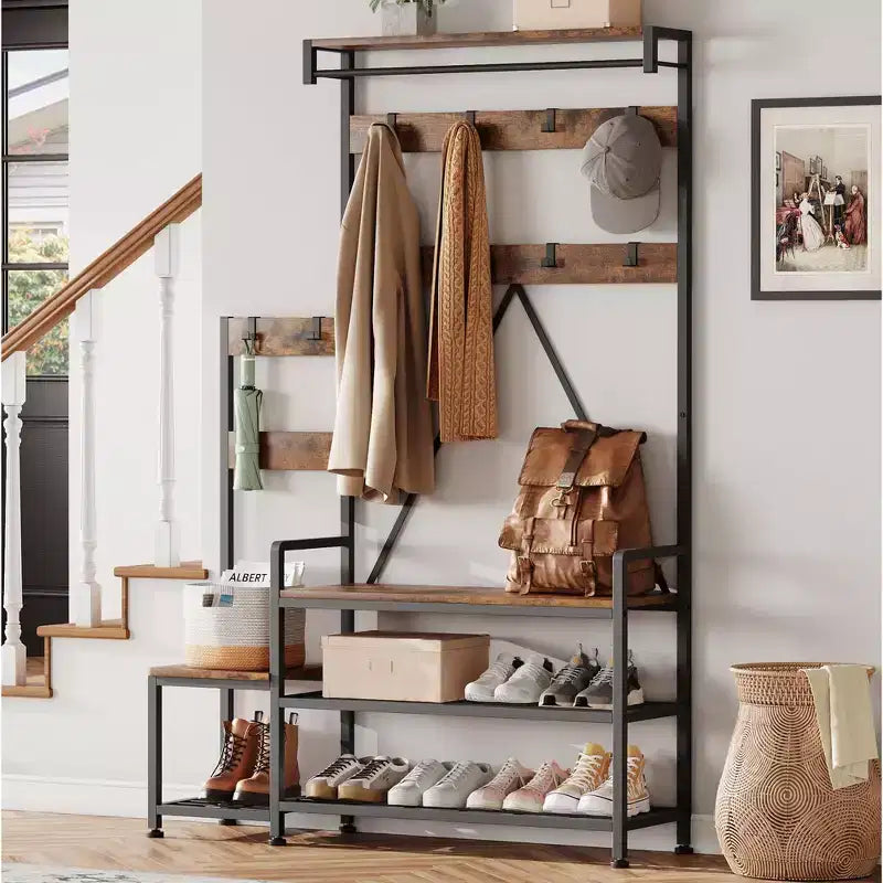 Parent-Child Coat Rack Shoe Bench Industrial Hall Tree with Bench and Shoe Storage Coat Tree Entryway Large Organizer with Shoe Rack, Storage Cubbies
