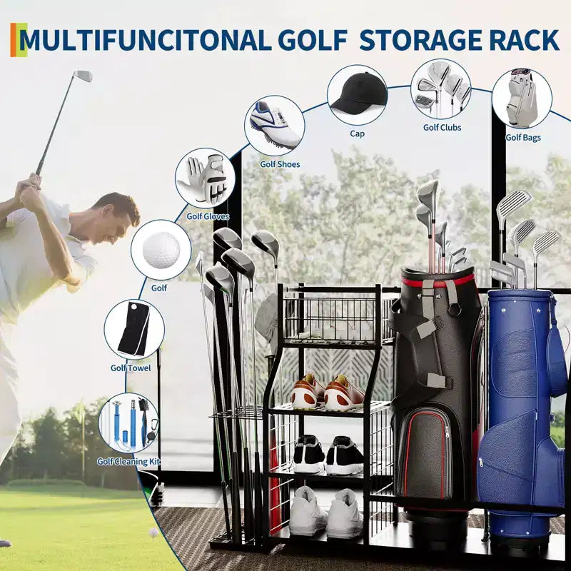 Organisateur de sac de golf, Organisateur d'équipement de sport, Organisateur de sport pour garage, Support de sac de golf pour garage avec paniers et crochets