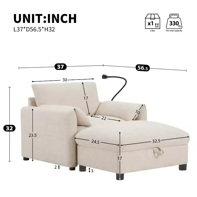 Canapé simple multifonctionnel en chenille avec pouf de rangement et accoudoirs coussinés