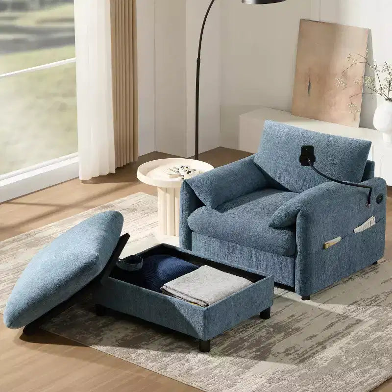 Canapé simple multifonctionnel en chenille avec pouf de rangement et accoudoirs coussinés