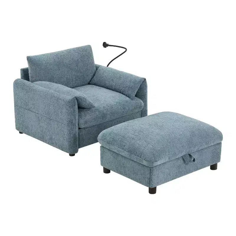 Canapé simple multifonctionnel en chenille avec pouf de rangement et accoudoirs coussinés