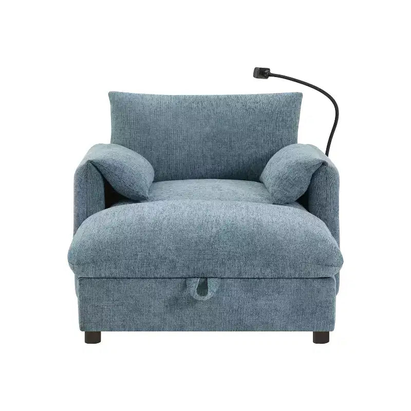 Canapé simple multifonctionnel en chenille avec pouf de rangement et accoudoirs coussinés