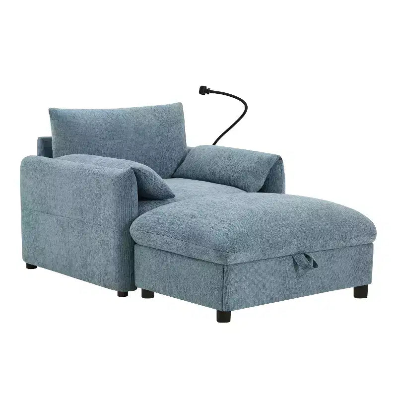 Canapé simple multifonctionnel en chenille avec pouf de rangement et accoudoirs coussinés
