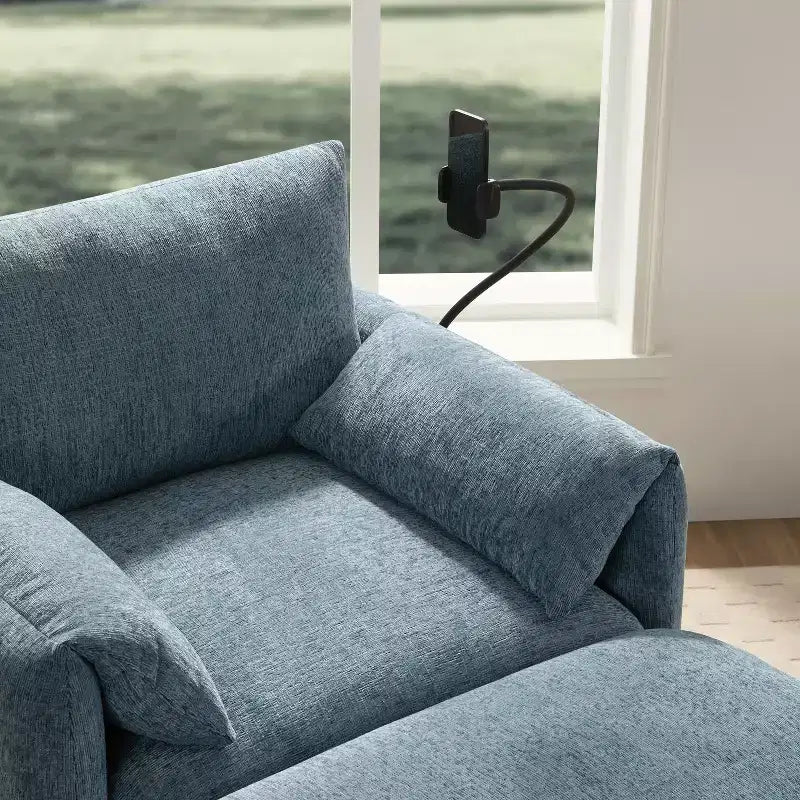 Canapé simple multifonctionnel en chenille avec pouf de rangement et accoudoirs coussinés