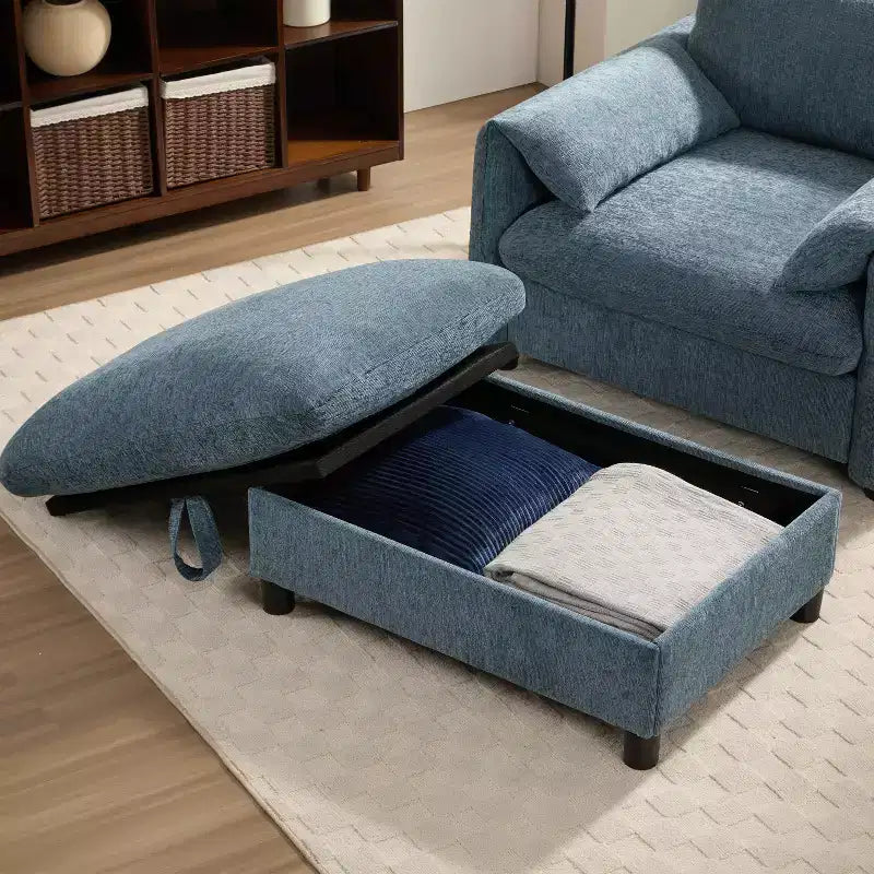 Canapé simple multifonctionnel en chenille avec pouf de rangement et accoudoirs coussinés