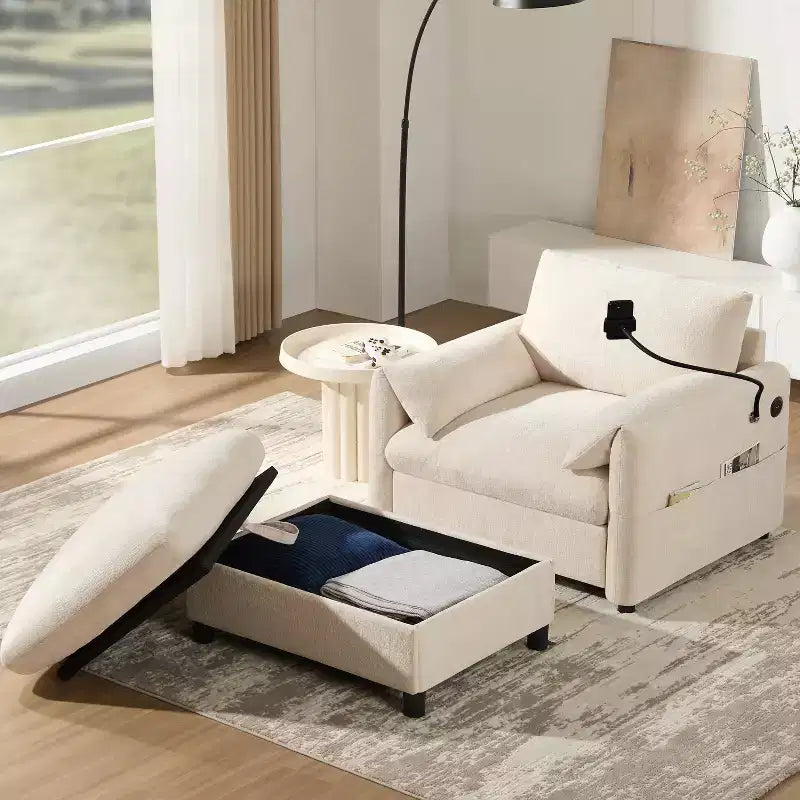 Canapé simple multifonctionnel en chenille avec pouf de rangement et accoudoirs coussinés
