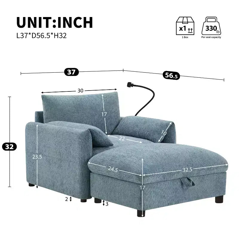 Canapé simple multifonctionnel en chenille avec pouf de rangement et accoudoirs coussinés