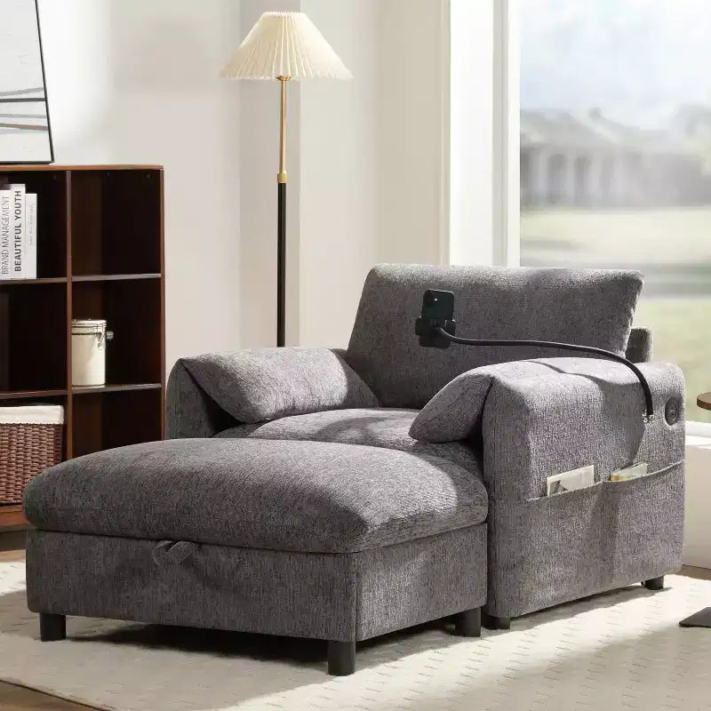 Canapé simple multifonctionnel en chenille avec pouf de rangement et accoudoirs coussinés
