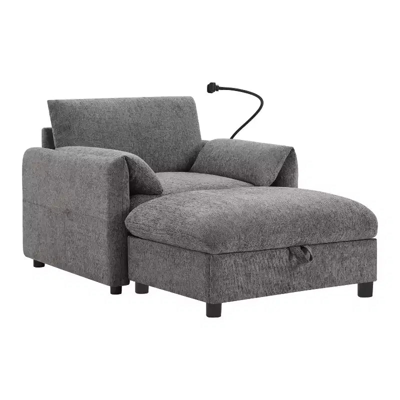 Canapé simple multifonctionnel en chenille avec pouf de rangement et accoudoirs coussinés