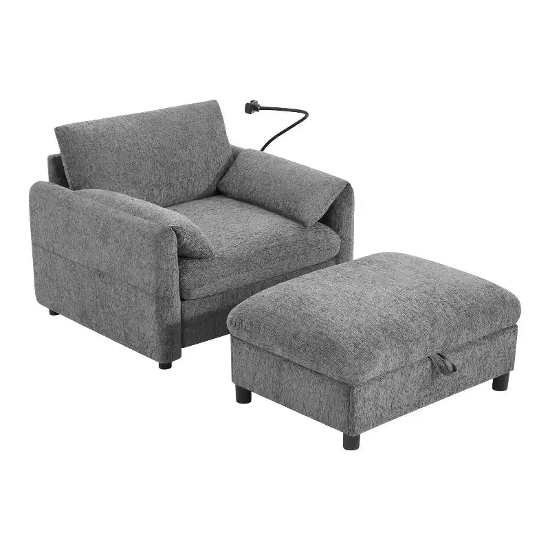 Canapé simple multifonctionnel en chenille avec pouf de rangement et accoudoirs coussinés