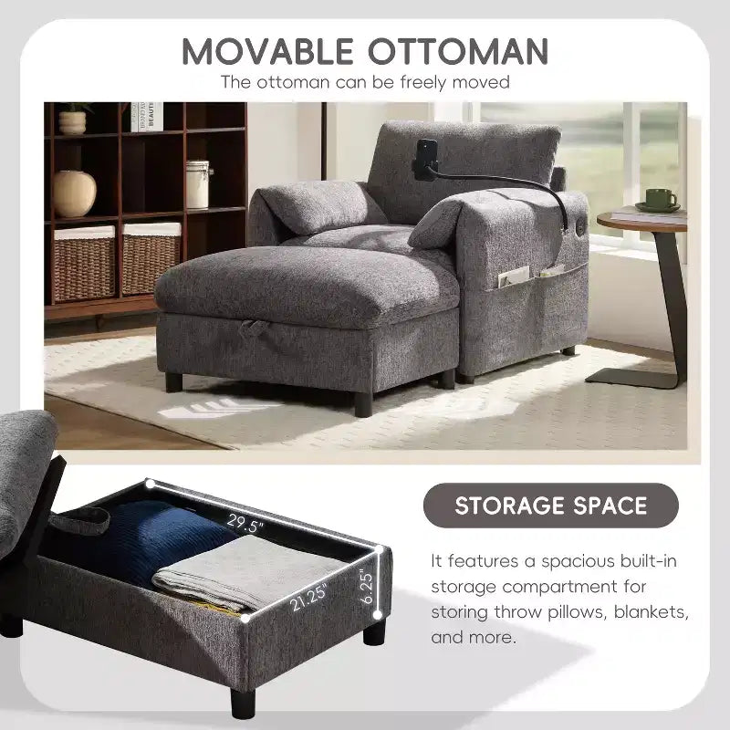 Canapé simple multifonctionnel en chenille avec pouf de rangement et accoudoirs coussinés