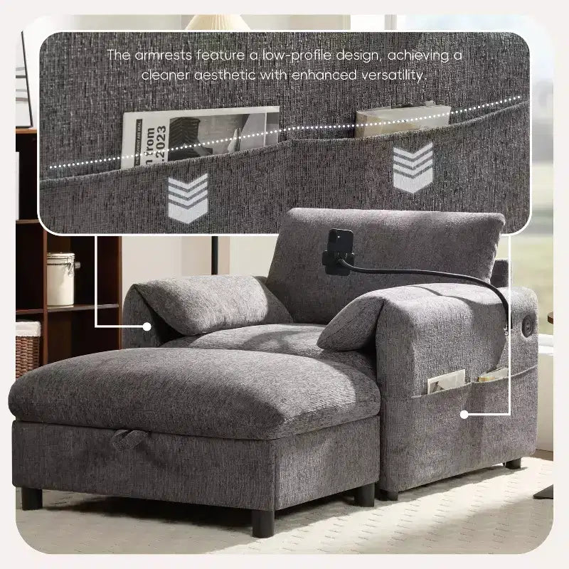 Canapé simple multifonctionnel en chenille avec pouf de rangement et accoudoirs coussinés