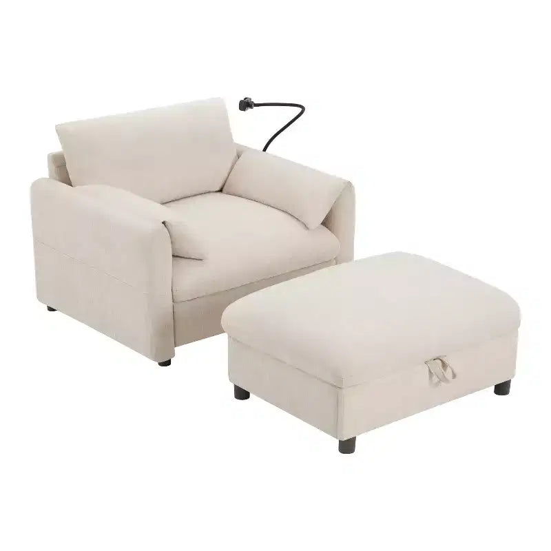 Canapé simple multifonctionnel en chenille avec pouf de rangement et accoudoirs coussinés