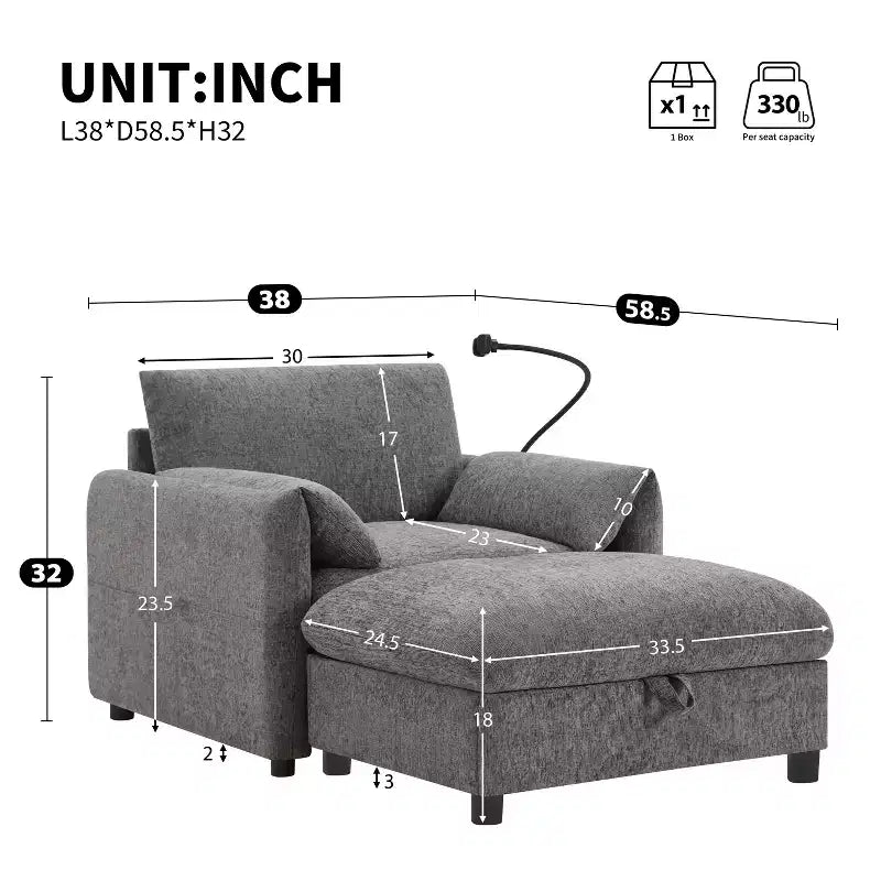 Canapé simple multifonctionnel en chenille avec pouf de rangement et accoudoirs coussinés