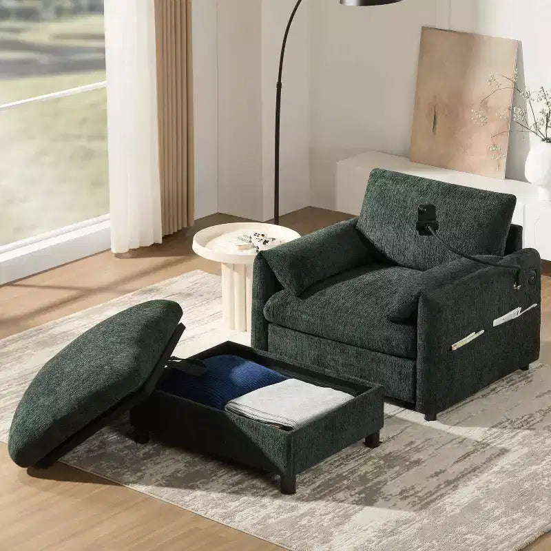 Canapé simple multifonctionnel en chenille avec pouf de rangement et accoudoirs coussinés