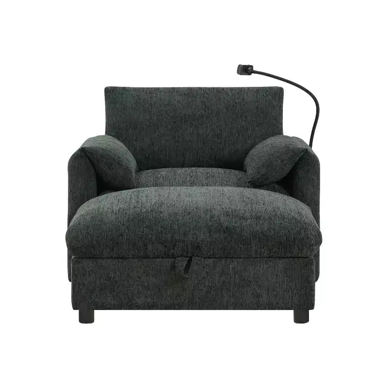 Canapé simple multifonctionnel en chenille avec pouf de rangement et accoudoirs coussinés