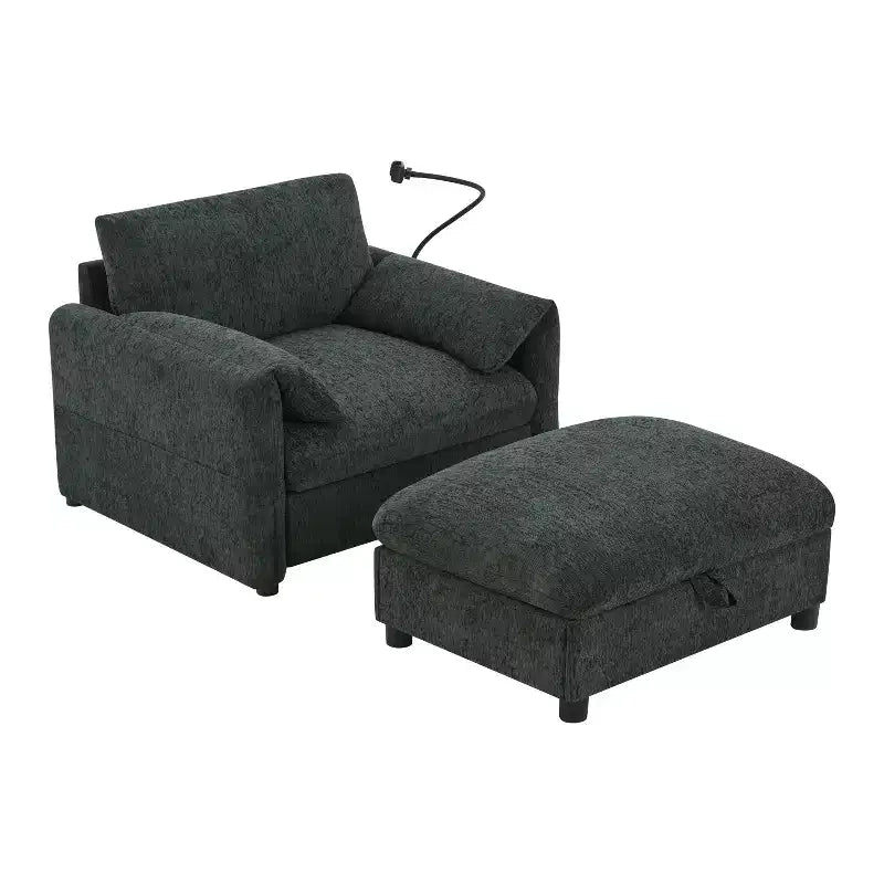 Canapé simple multifonctionnel en chenille avec pouf de rangement et accoudoirs coussinés