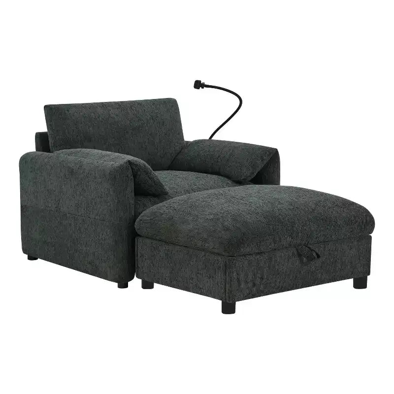 Canapé simple multifonctionnel en chenille avec pouf de rangement et accoudoirs coussinés