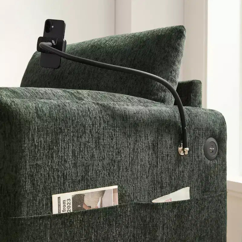 Canapé simple multifonctionnel en chenille avec pouf de rangement et accoudoirs coussinés