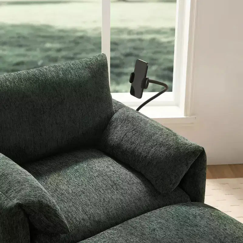 Canapé simple multifonctionnel en chenille avec pouf de rangement et accoudoirs coussinés
