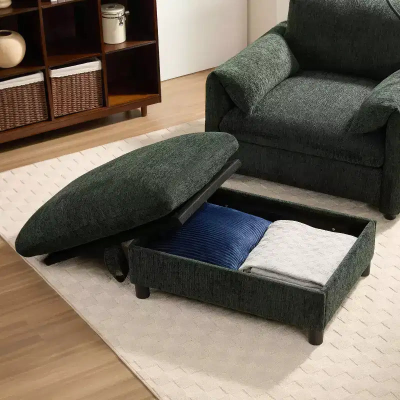 Canapé simple multifonctionnel en chenille avec pouf de rangement et accoudoirs coussinés