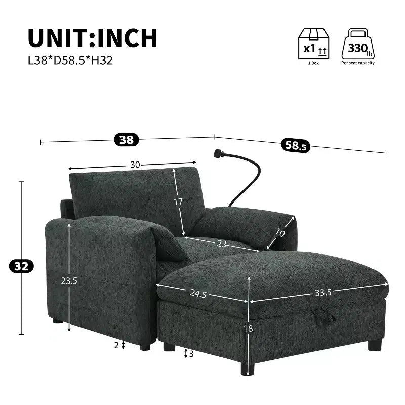 Canapé simple multifonctionnel en chenille avec pouf de rangement et accoudoirs coussinés