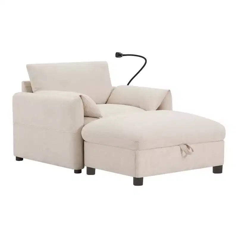 Canapé simple multifonctionnel en chenille avec pouf de rangement et accoudoirs coussinés