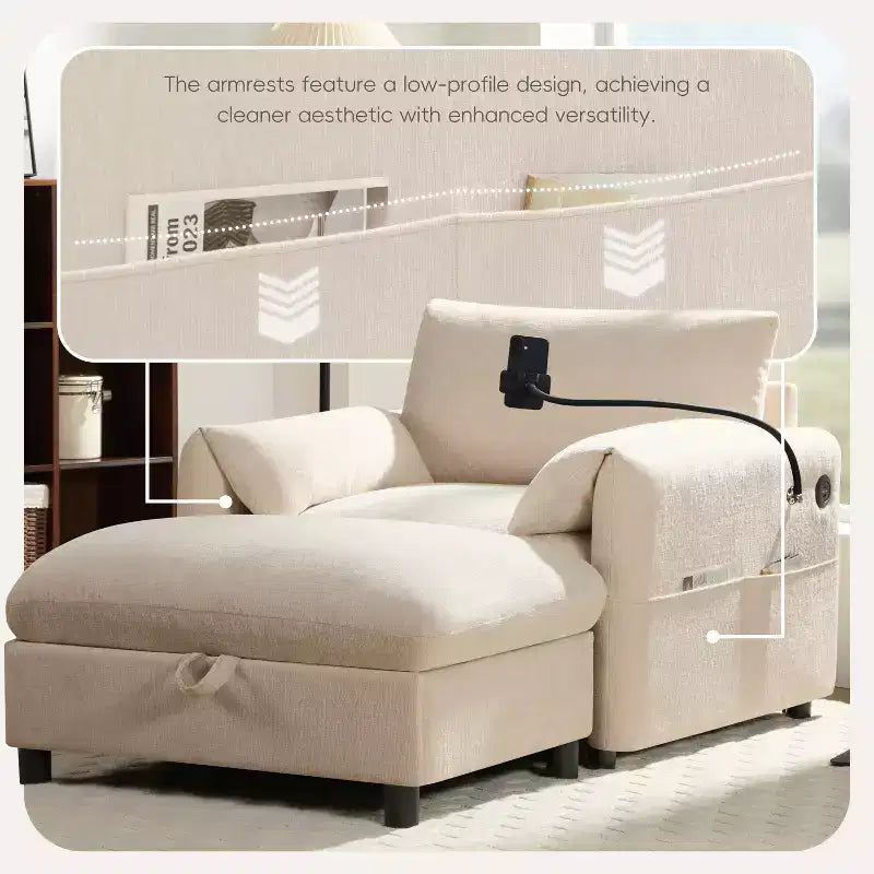 Canapé simple multifonctionnel en chenille avec pouf de rangement et accoudoirs coussinés