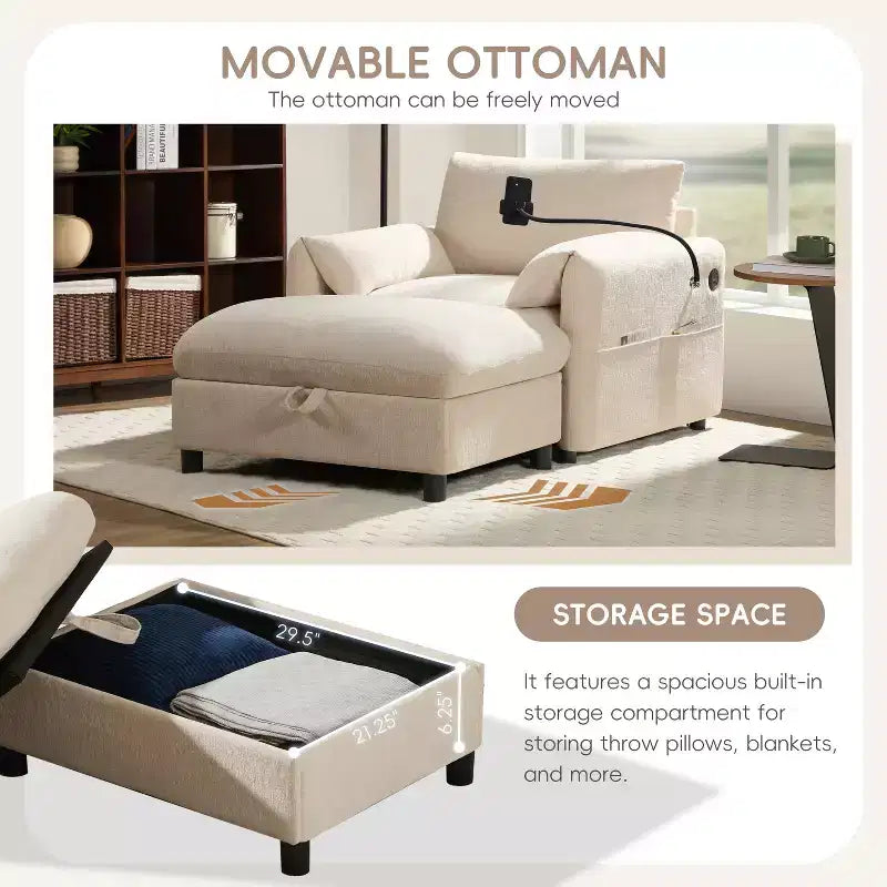 Canapé simple multifonctionnel en chenille avec pouf de rangement et accoudoirs coussinés