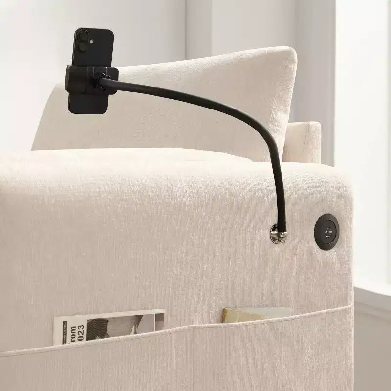 Canapé simple multifonctionnel en chenille avec pouf de rangement et accoudoirs coussinés