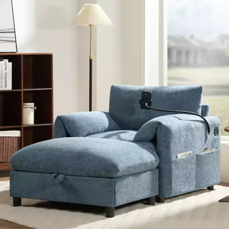 Canapé simple multifonctionnel en chenille avec pouf de rangement et accoudoirs coussinés
