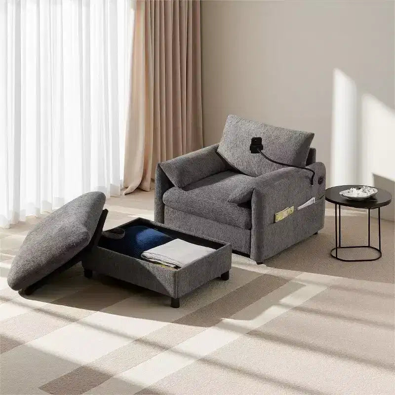 Canapé simple multifonctionnel en chenille avec pouf de rangement et accoudoirs coussinés