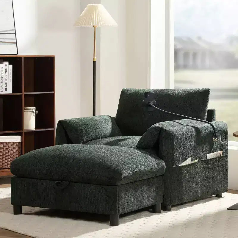 Canapé simple multifonctionnel en chenille avec pouf de rangement et accoudoirs coussinés